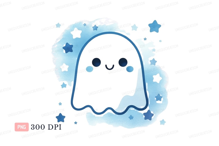 Happy ghost surrounded by stars blue cute