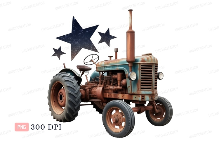 Rusty vintage tractor with starry sky blue brown