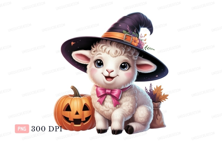 Cute lamb wearing witch hat with pumpkin halloween