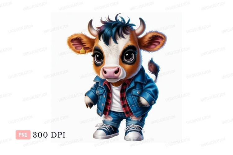 Adorable cow dressed in denim and plaid calf animal