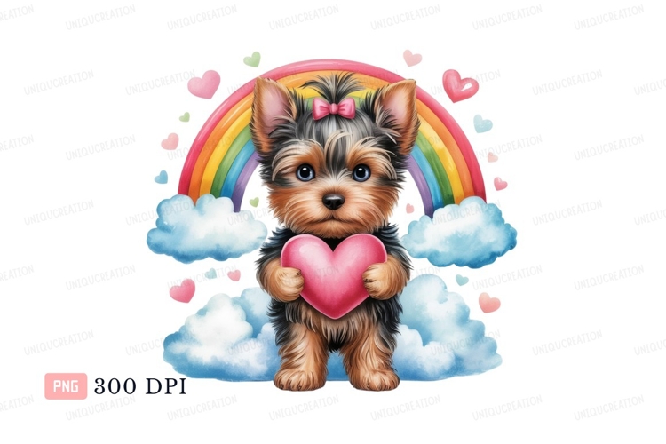 Adorable yorkie puppy holding pink heart rainbow clouds