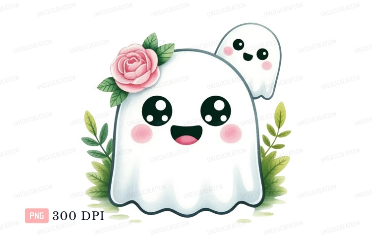 Cute ghosts with pink rose and leaves image