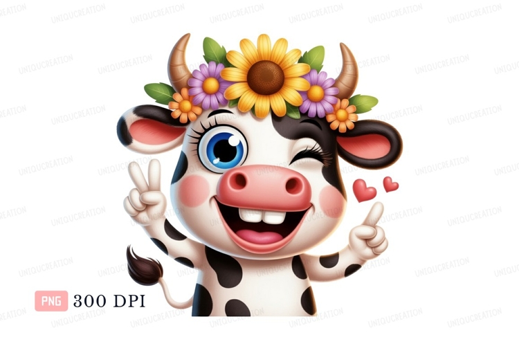 Cheerful cow wearing flower crown peace