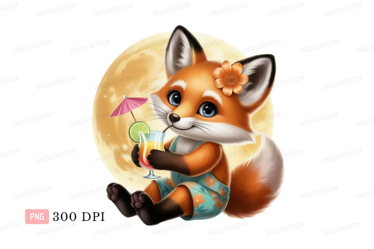 Cute fox enjoying a tropical drink moon