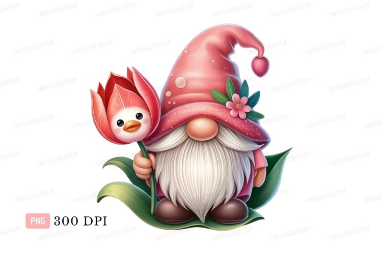 Pink gnome holding tulip bird flower