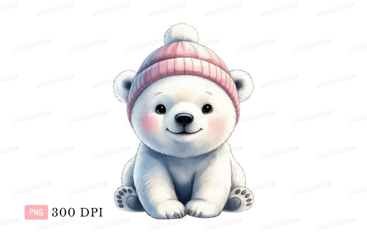 Cute polar bear wearing pink beanie white