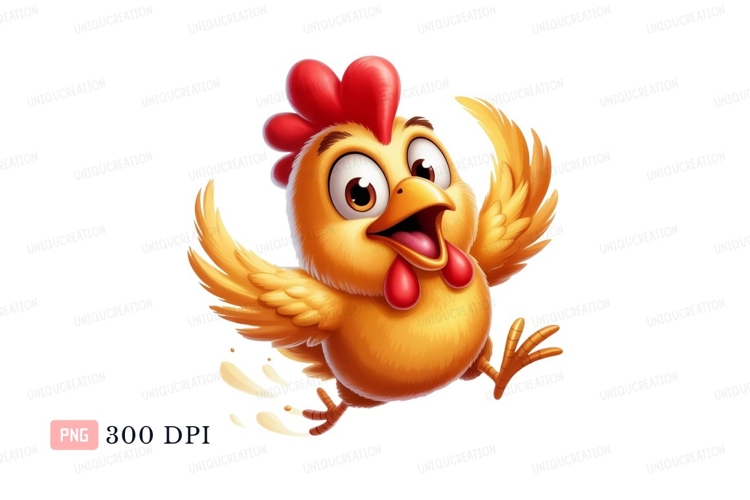 Excited cartoon chicken flapping wings yellow