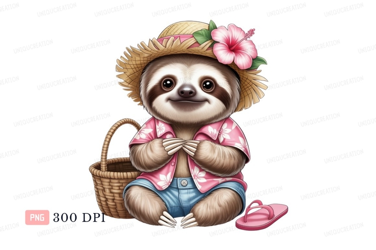 Adorable sloth wearing straw hat and pink shirt animal