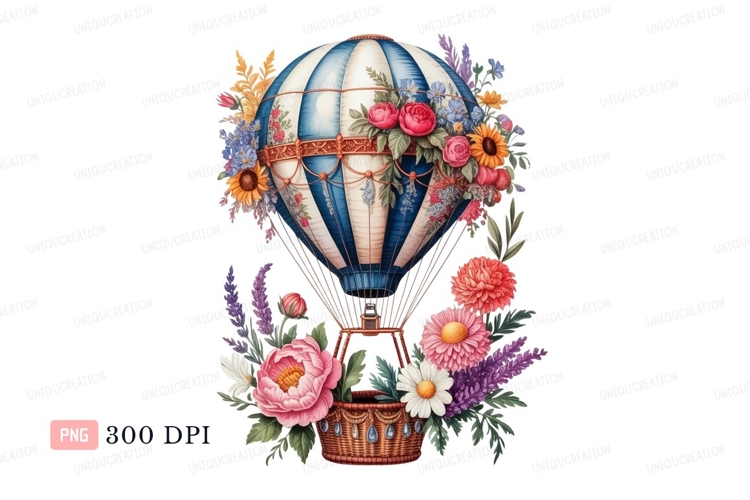 Hot air balloon adorned with vibrant floral arrangements
