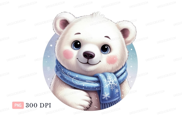 Cute polar bear wearing blue scarf white