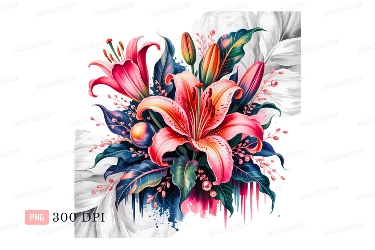 Pink orange lilies dark leaves green blue