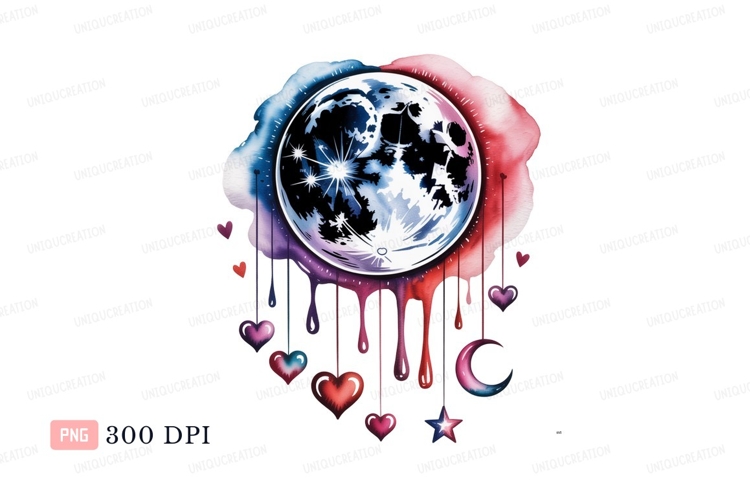 Dripping moon hearts stars watercolor crescent