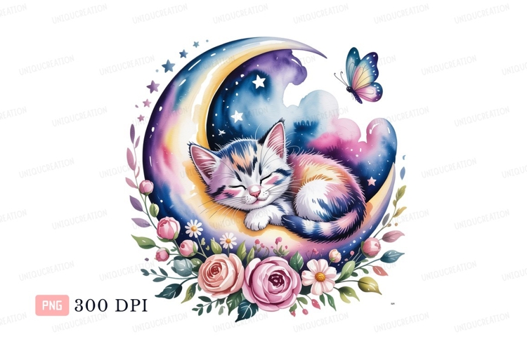 Sleeping kitten on crescent moon surrounded by flowers