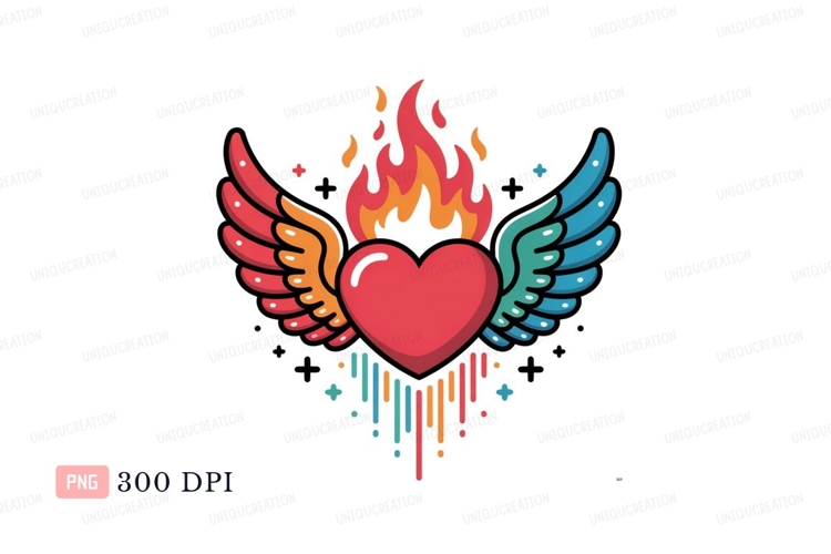 Flaming winged heart with colorful drips wings flame
