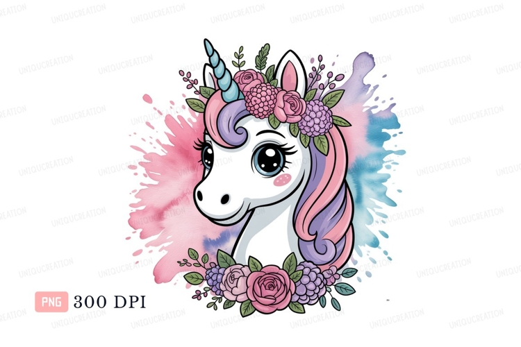 Unicorn adorned with flowers and watercolor splashes