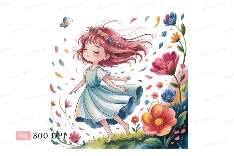 Pink haired girl dancing with flowers crown
