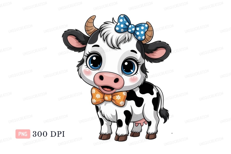 Cute cow with blue bow and orange bowtie cartoon animal