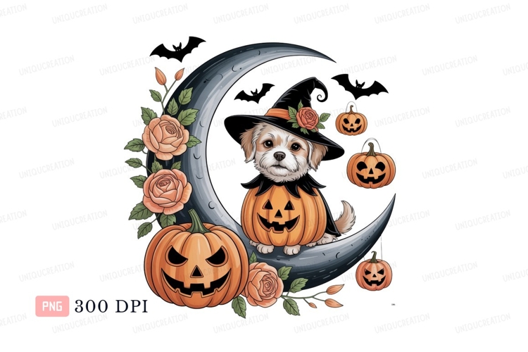 Adorable puppy witch on crescent moon with pumpkins