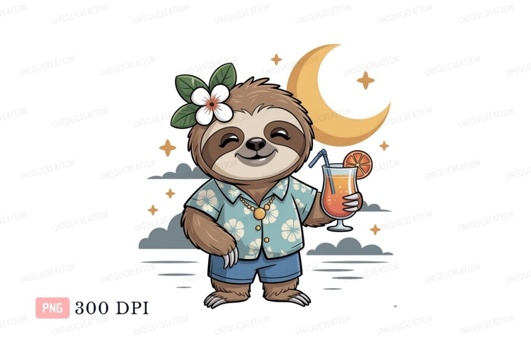Tropical sloth with cocktail under moon night