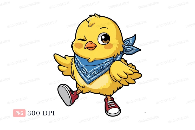Winking chick wearing bandana and sneakers yellow blue