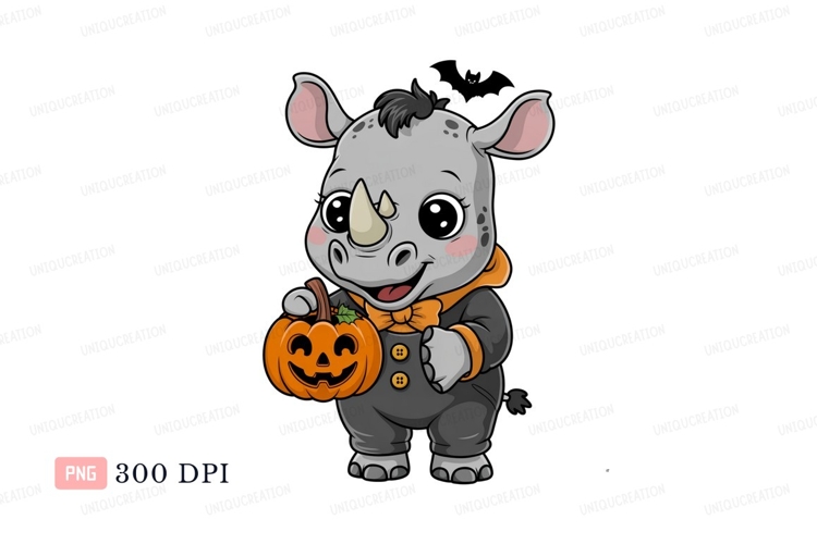 Cute rhino holding halloween pumpkin costume example image 1