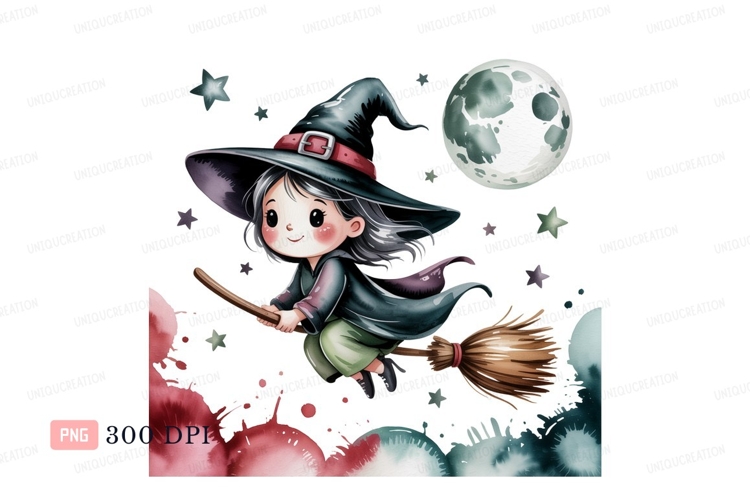 Cute witch flying on broomstick moon stars