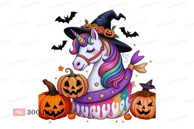 Halloween unicorn witch with pumpkins image