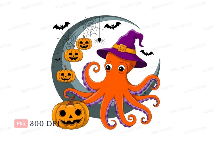 Orange octopus wearing witch hat with pumpkins halloween
