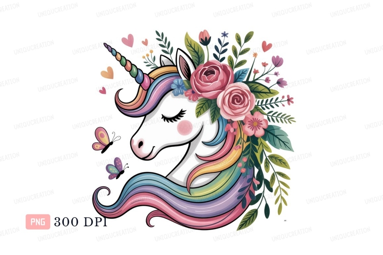 Unicorn floral wreath rainbow mane butterflies image