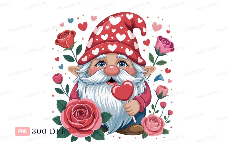 Cheerful gnome holding heart lollipop surrounded by roses