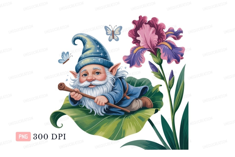Blue gnome resting on leaf near iris flower beard