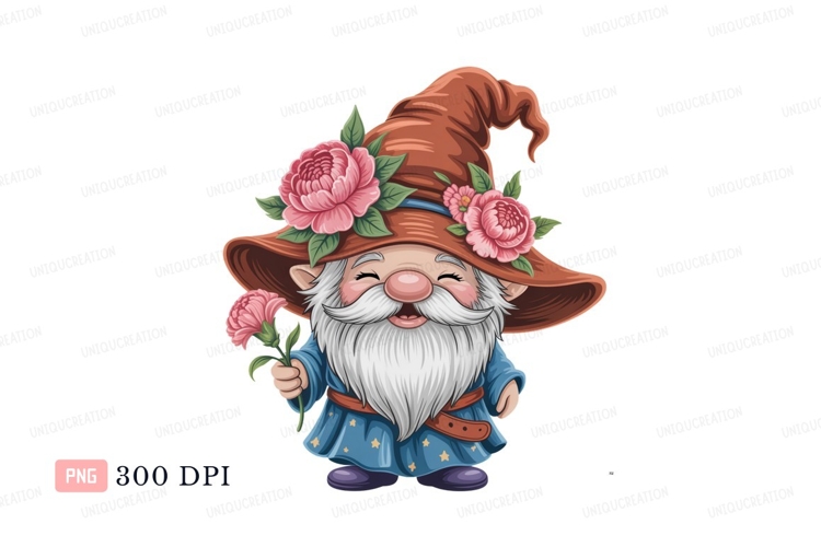 Cheerful gnome holding pink flower fantasy wizard