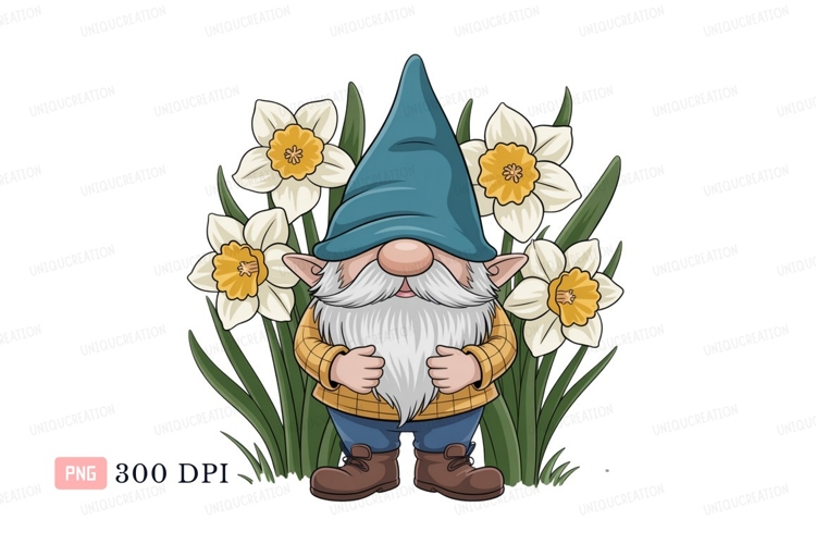Gnome with daffodils flower spring