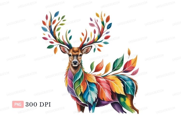 Colorful deer with leaf antlers leaves forest