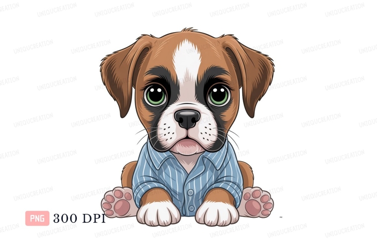 Adorable boxer puppy wearing pajamas blue
