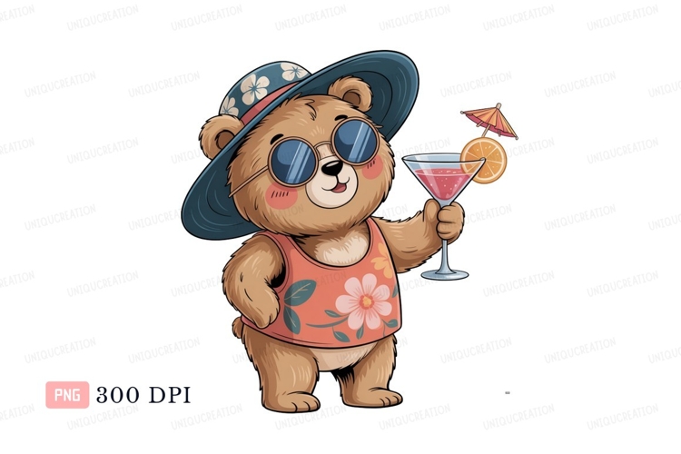 Cheerful bear with cocktail and hat summer vacation