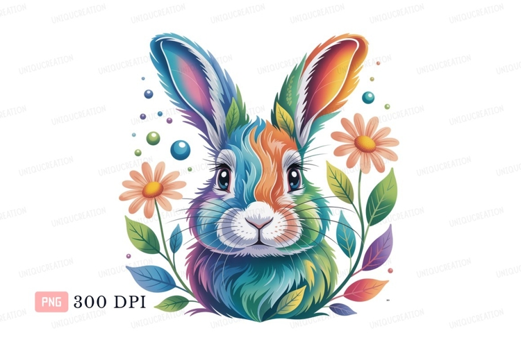 Colorful bunny surrounded by flowers rabbit leaves