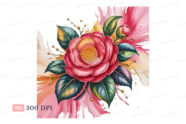 Vibrant pink camellia bloom with green leaves yellow