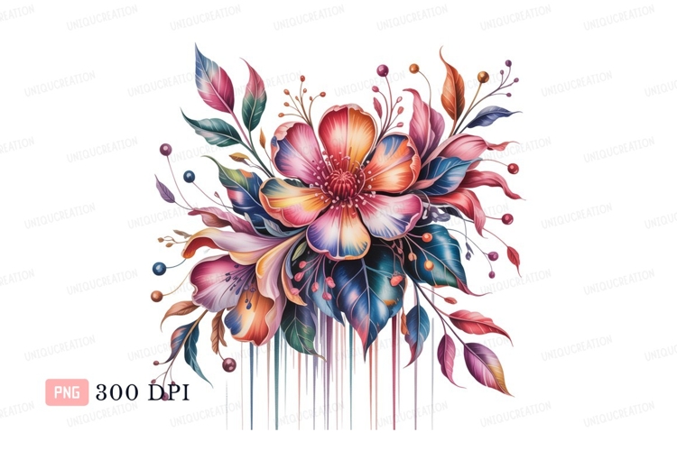 Vibrant blooming flowers with dripping paint effect