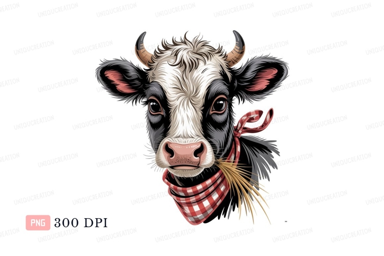 Black white cow red bandana clipart P N G image