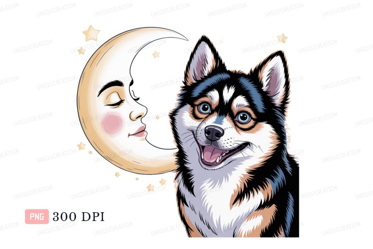 Happy husky moon stars crescent face