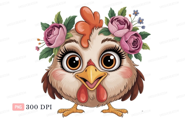 Cute chicken wearing flower crown bird cartoon