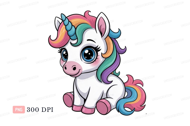 Cute unicorn with rainbow mane and tail fantasy magical