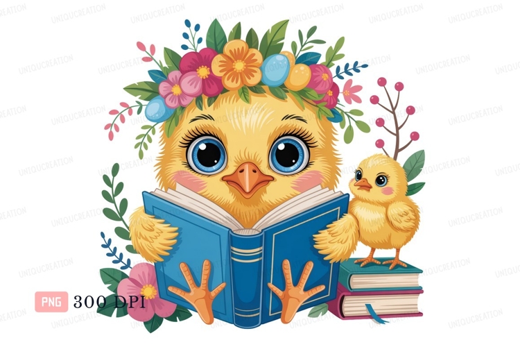 Yellow chicks reading book with flowers blue