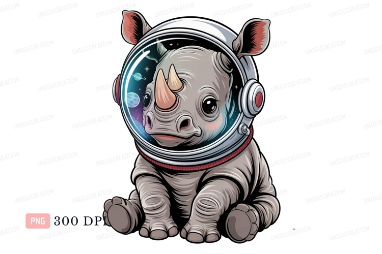 Baby rhinoceros astronaut exploring space helmet