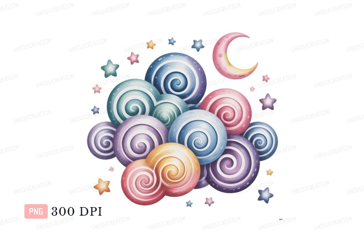 Swirling candies moon stars candy pastel