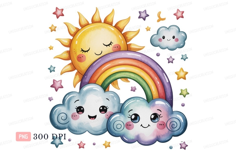 Smiling sun rainbow clouds stars happy