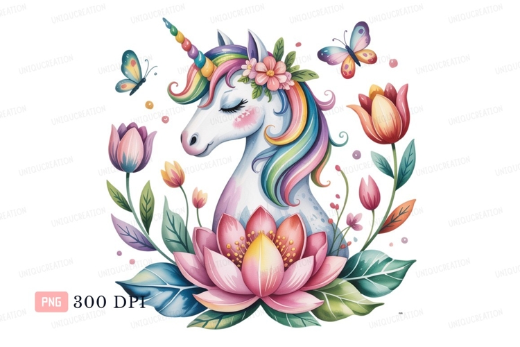 Unicorn with rainbow mane and flowers lotus