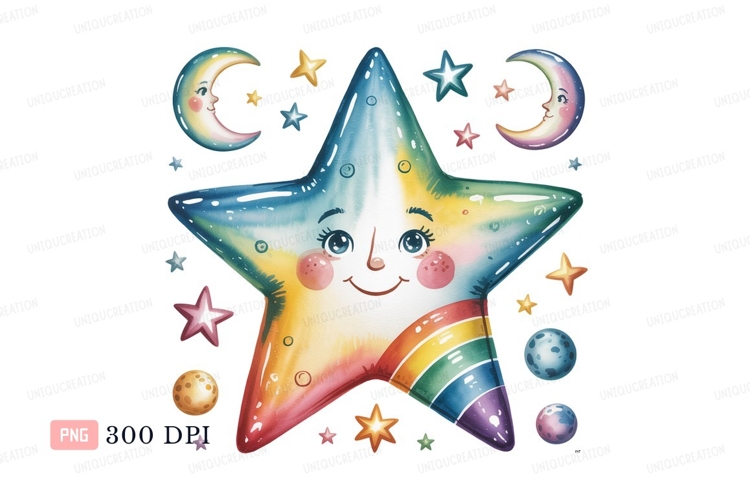 Smiling star with rainbow and moons celestial