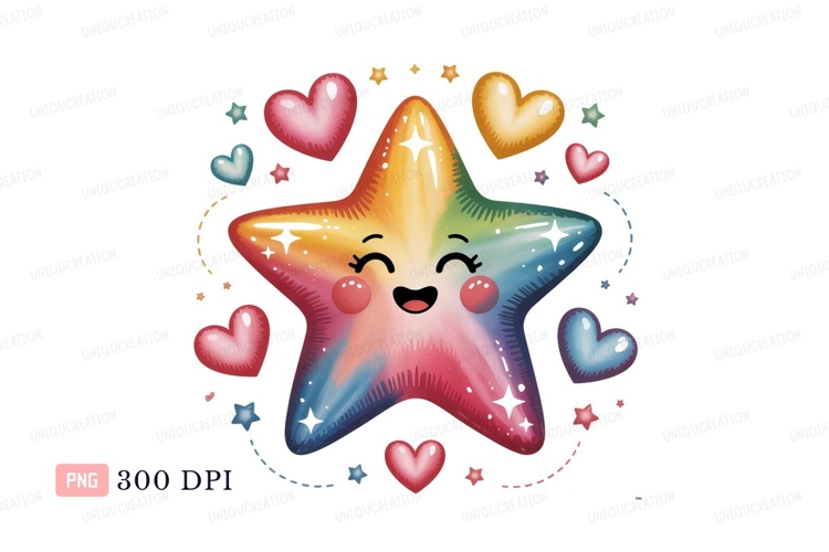 Happy rainbow star surrounded by hearts cute